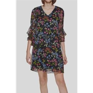 Calvin Klein Women's Black Floral 3/4-Sleeve Printed Chiffon Shift‎ Dress Size 4